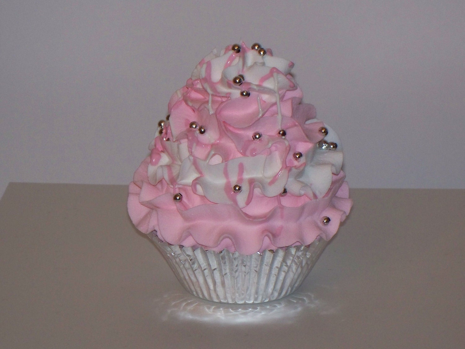 Pink Parfait and White Fake Cupcake, Silver Foil Liner, Silver Beads Sprinkles, great Photo Props, Shabby Cottage Decor, Party Display