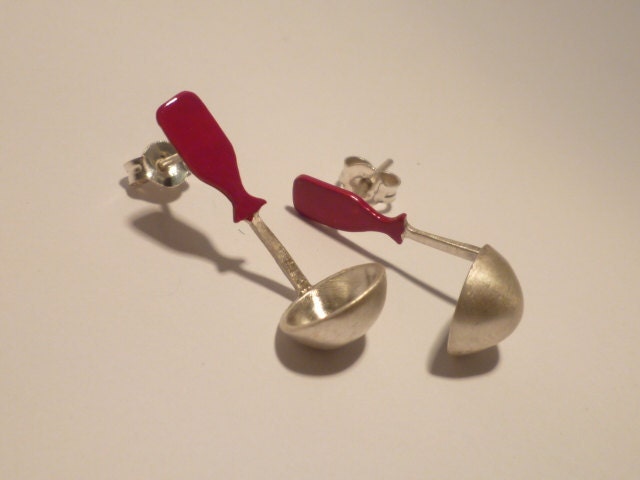 Kitchen earrings.Sterling silver and enamel.Statement,delicate,funny Mothers Day Gift Jewelry.Tablespoon post earrings.Miniature jewelry.