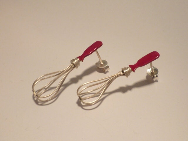 Kitchen earrings.Sterling silver and enamel.Statement,delicate,funny Mothers Day Gift.Soup stirrer post earrings.Chef,kitchen jewelry.