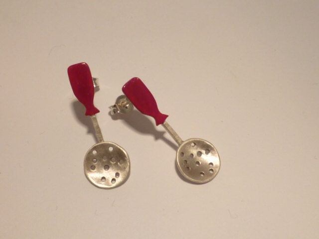 Kitchen earrings.Sterling silver and enamel.Statement,delicate,funny Mothers Day Gift Jewelry.Skimmer post earrings.Tiny figure jewelry.