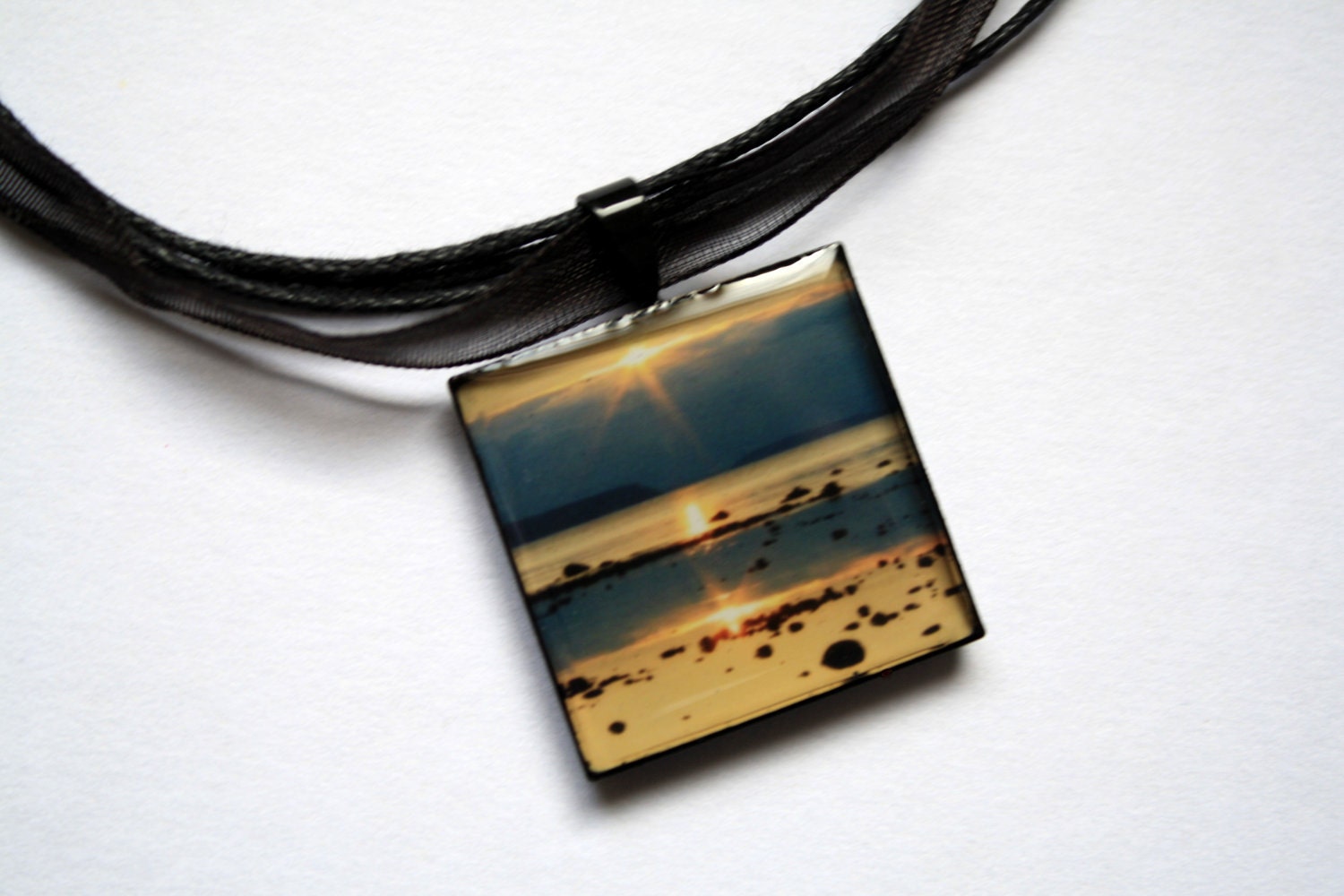 Resin Photo Pendant Lake Huron Sunrise Necklace Blue, Yellow, Orange, Gray, Black, Silver Wearable Art