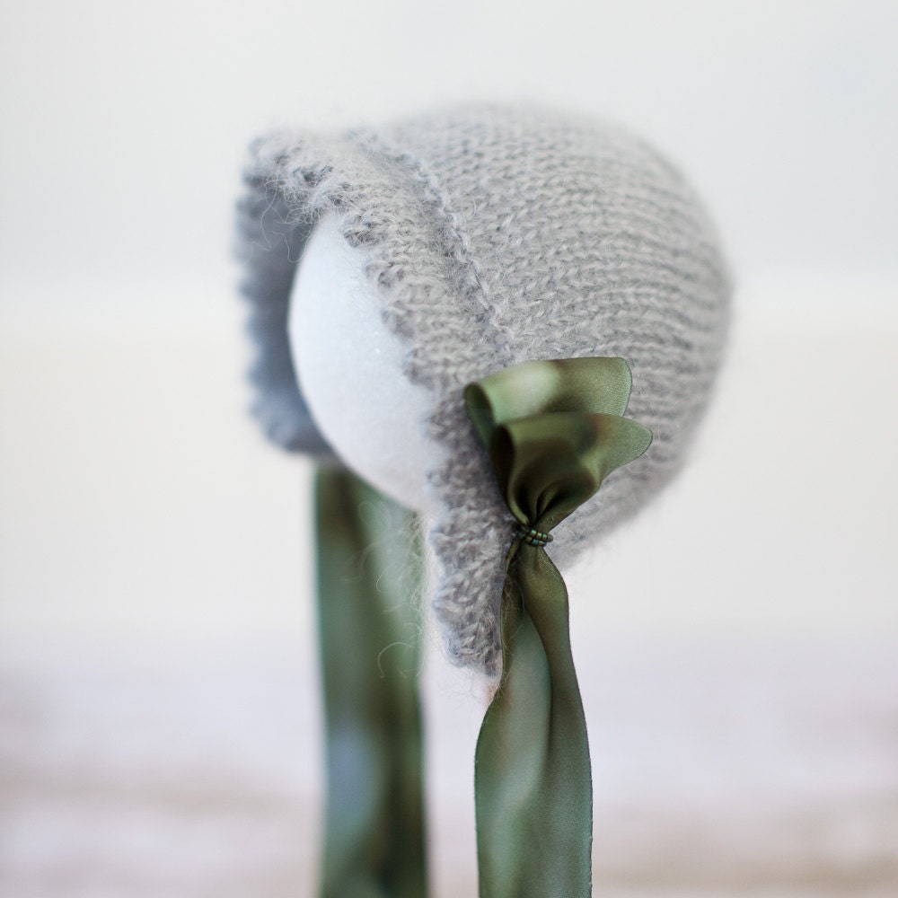 Mohair Baby Bonnet - Misty Grey with Hand Dyed Pure Silk Ribbon