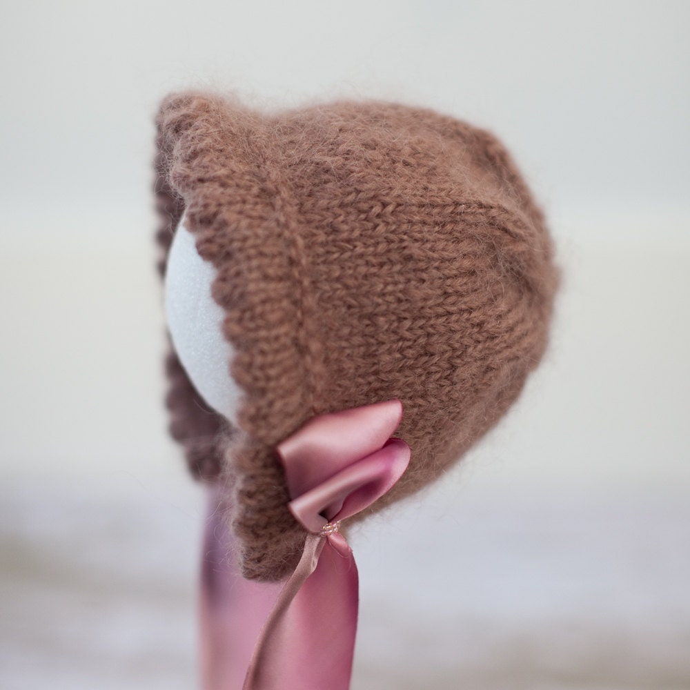 Mohair Baby Bonnet - Mocha with Hand Dyed Pure Silk Ribbon