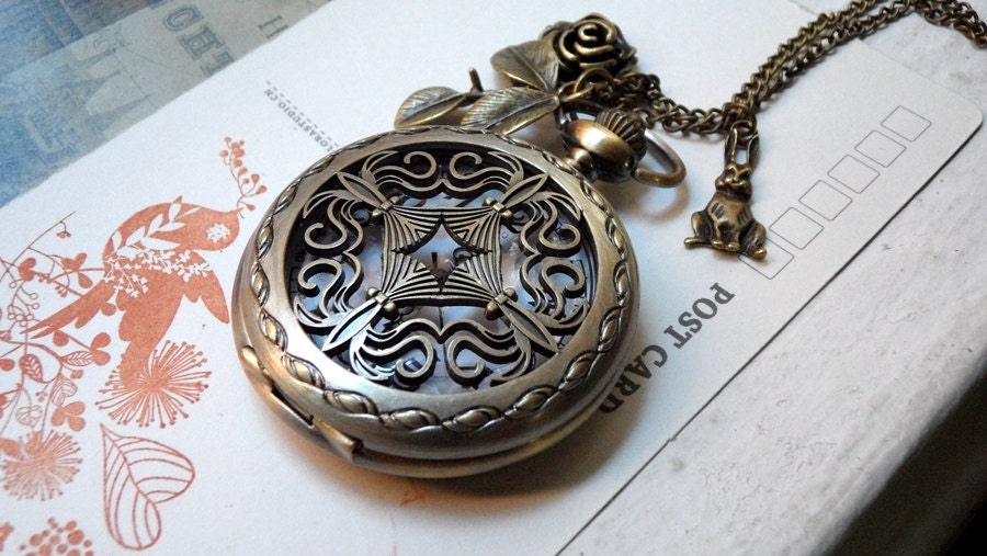 Alice in Wonderland-Victorian filigree pocket watch necklace