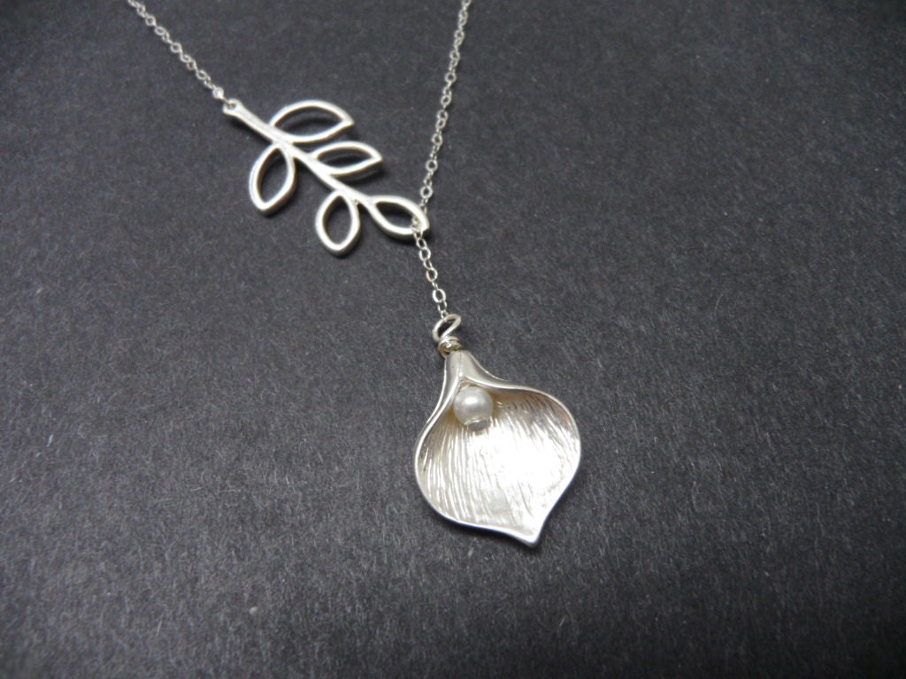Leaf branch and Calla Lilly neclace - sterling silver chain