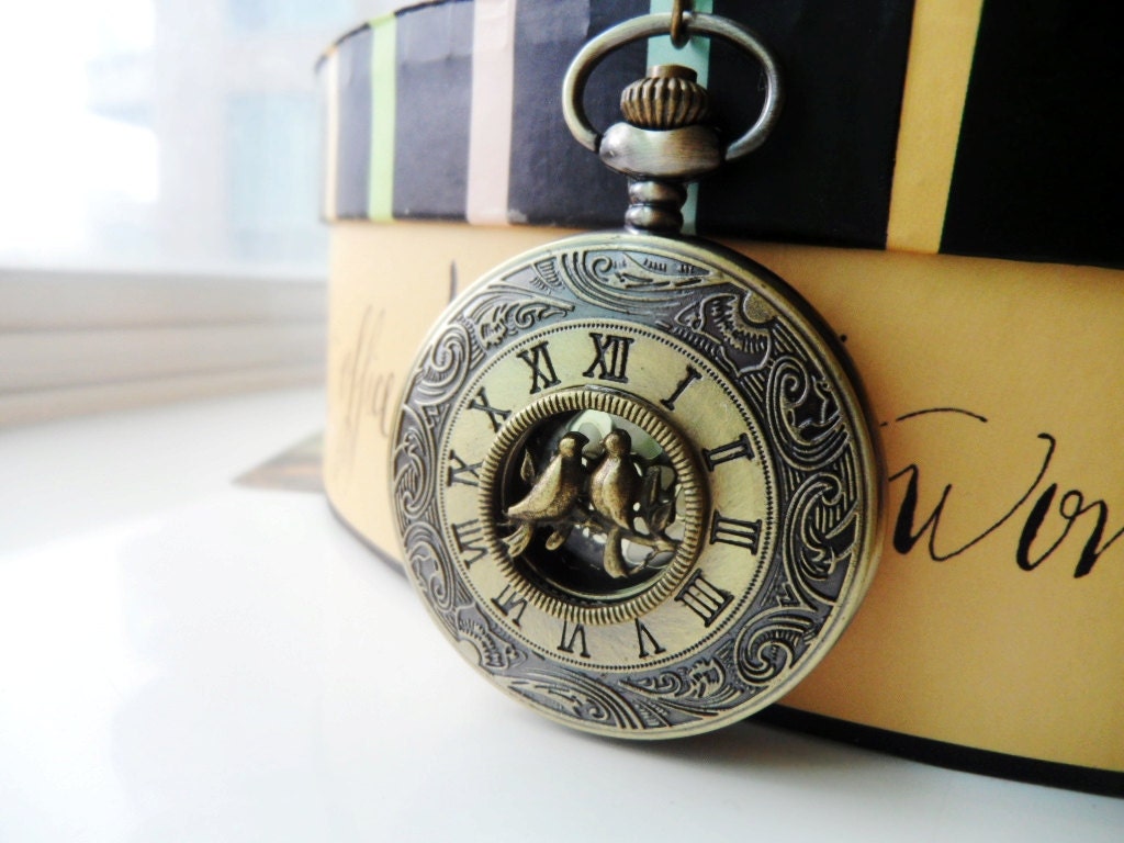 Roman Number Pocket Watch Necklace with love birds