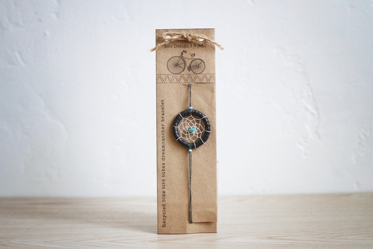 Free shipping, Handmade upcycled,recycled bike tire tube dreamcatcher bracelet