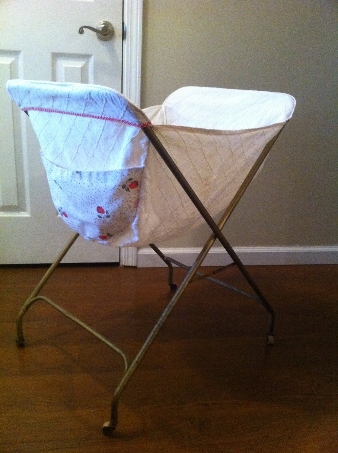 Antique Vintage Fold Up Laundry Cart with Wooden Wheels Castors - cottage chic shabby chic farmhouse mid century