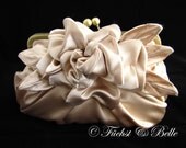 Champagne Bridal Clutch,  large flower pleated evening purse with chain - Gardenia