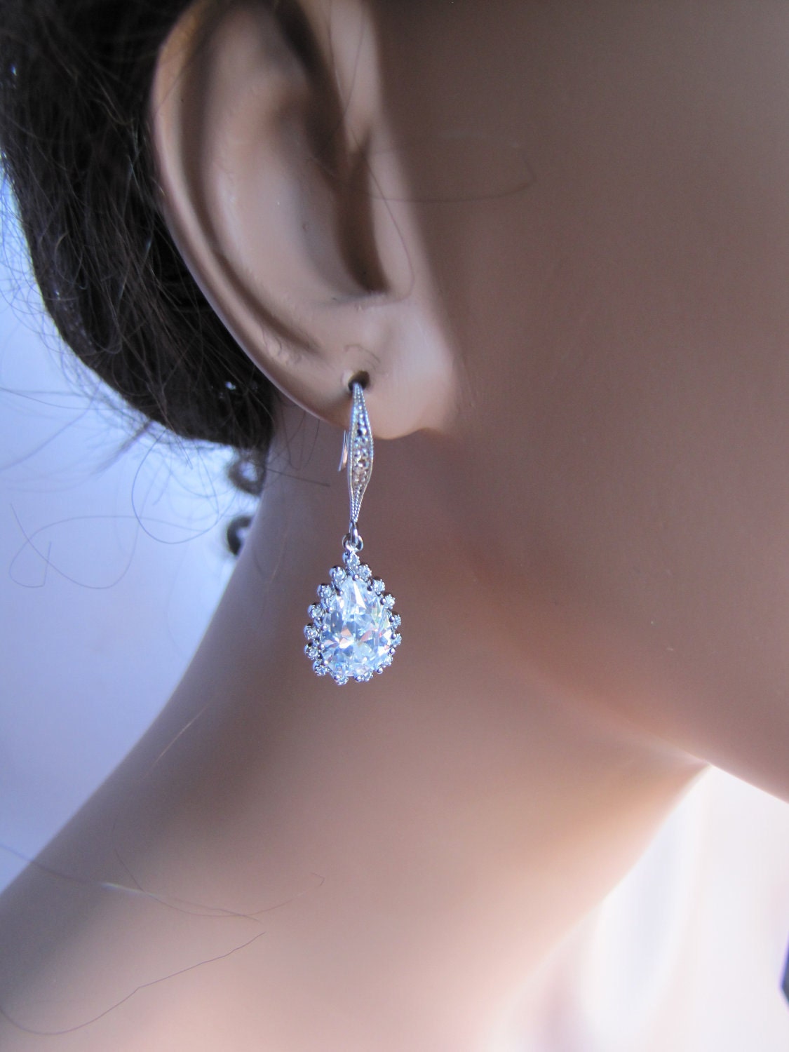 Bridal drop earrings, radiant jewel drop cubic zirconia on a simple tie sterling silver plated hooks - BE108