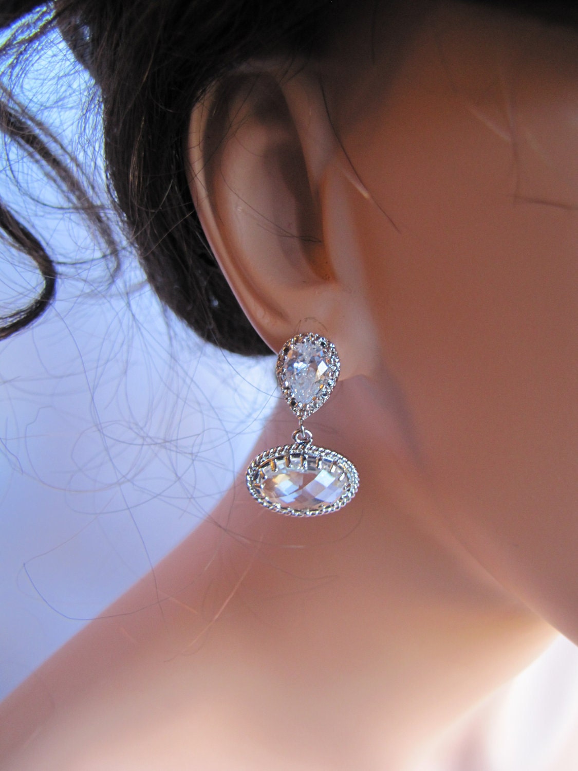 Elegant Bridal Earrings, Ellipse Bezeled base paired with pear drop cut cubic zirconia sterling silver ear posts - BE109