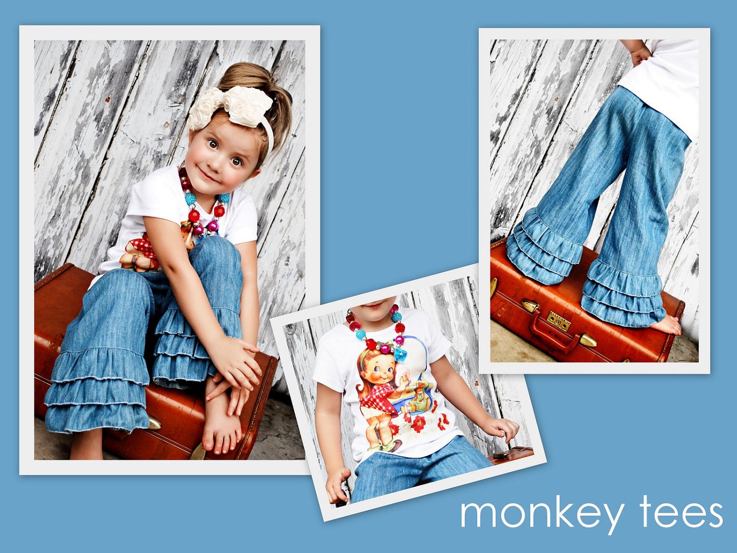 Limited Edition Unique Tripple Ruffled Pants or Capri and Top-- Pretty Girls and Denim---12mos-8Y.