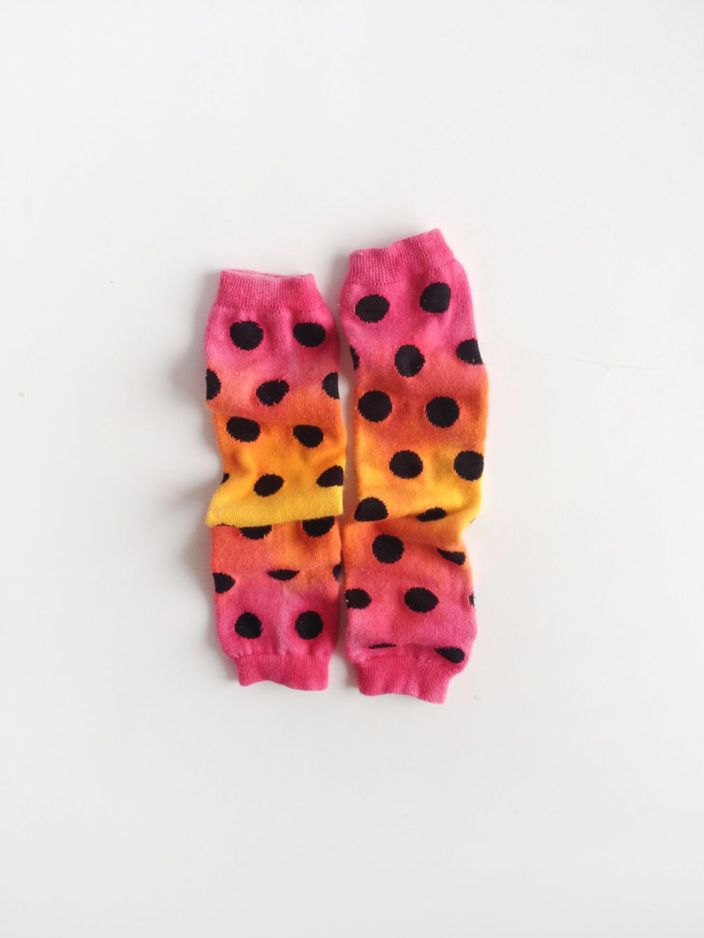 Snack Size Leg Candy Baby Leg Warmers - Pink, Orange, Yellow Ombre with Black Polka Dots, Hand Dyed - kakabaka