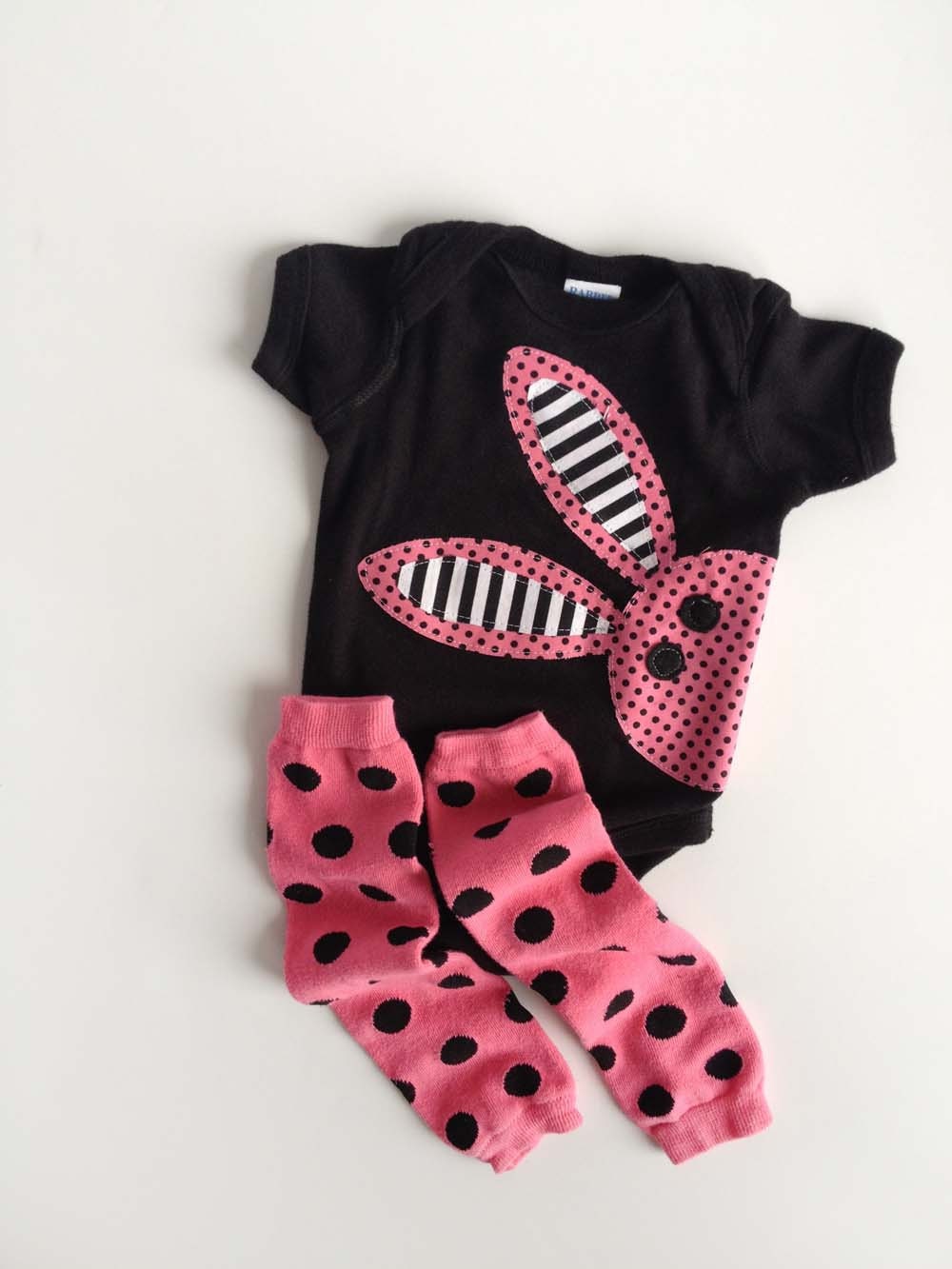 Easter Bunny Rabbit One Piece With Hand Dyed Baby Leg Warmers PInk and Black