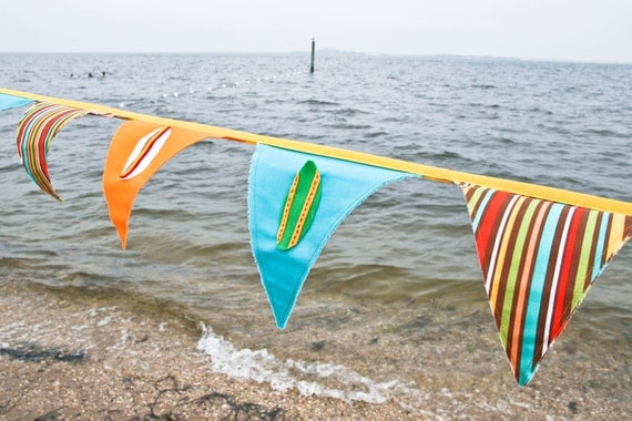 Surf Party Flags, Summer Banner, Turquoise Orange Beach House Garland, Custom Bunting