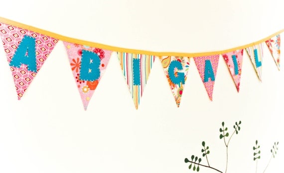 Personalized Fabric Banner, Baby Shower Bunting, Nursery Name Banner, BIrthday Party Garland, Pink,Teal Il_570xn