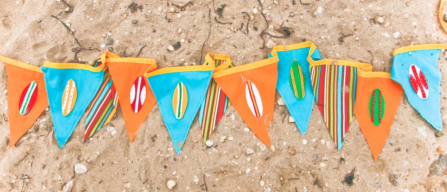 Surf Party Flags, Summer Banner, Turquoise Orange Beach House Garland, Custom Bunting