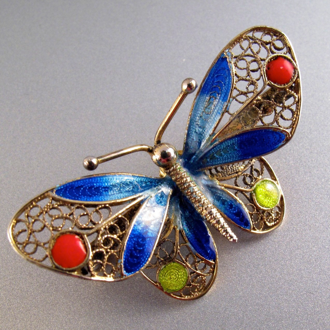 STERLING SILVER  ENAMEL butterfly brooch plique a jour hallmarks stamped pin  . blue . filigree. chinese No.00917