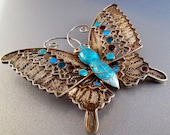 STERLING SILVER  ENAMEL butterfly brooch  hallmarks stamped pin  . blue . filigree wire . chinese  . large No.00978