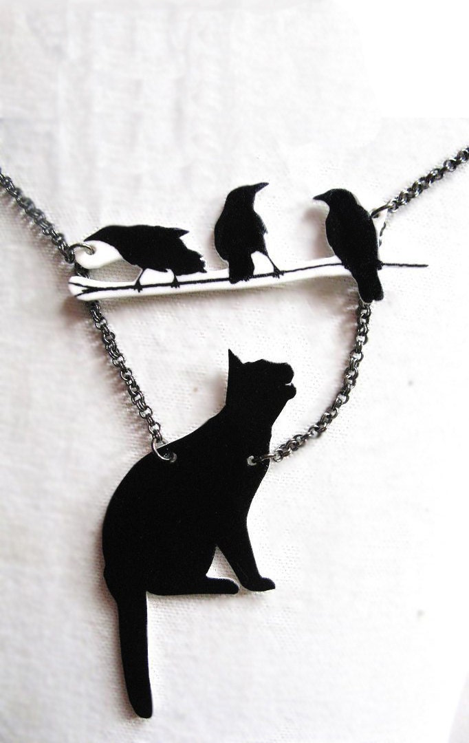 Halloween Black Cat and Birds Necklace Silhouette Pet Lovers - whatanovelidea