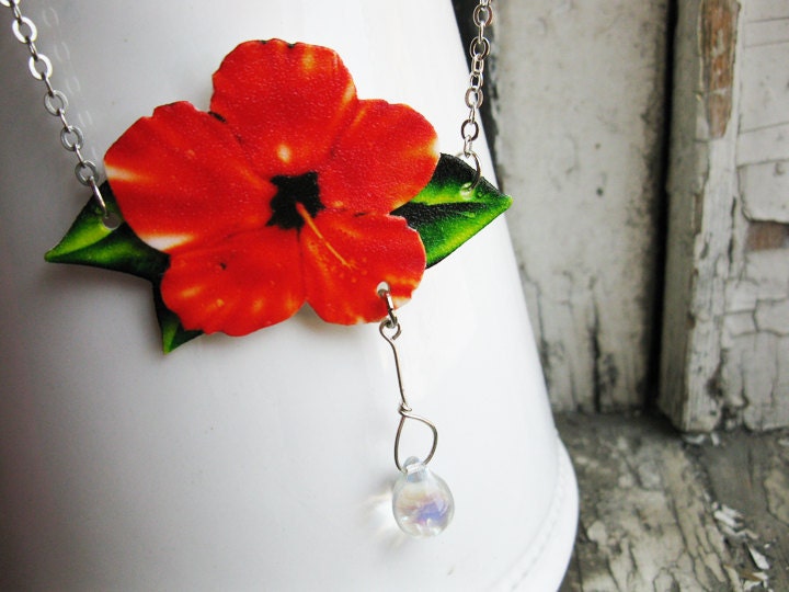 Flower Necklace Tangerine Orange Hibiscus with Glass Dew Drop Image Jewelry