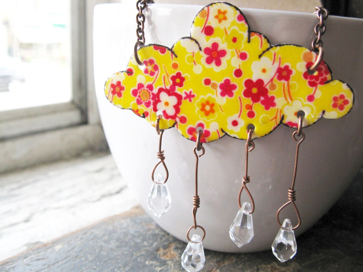 Rain Drops Lemon Yellow Rain Cloud and Crystal Showers Raindrops Floral Print Necklace
