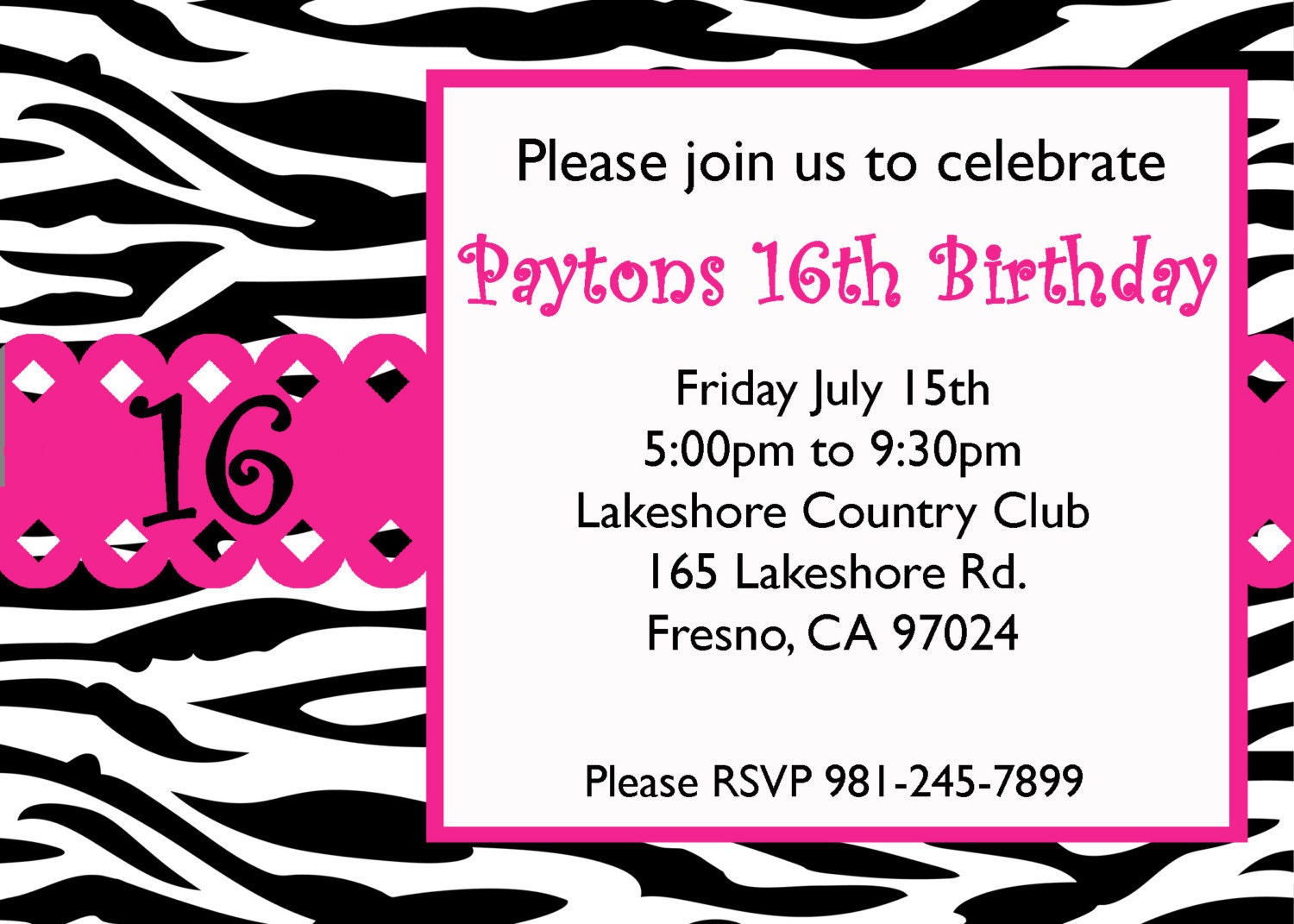 DIY Sweet 16 Sixteen Zebra Birthday Party PRINTABLE Invitation 5x7 pink black purple green Choose your color Il_170x135