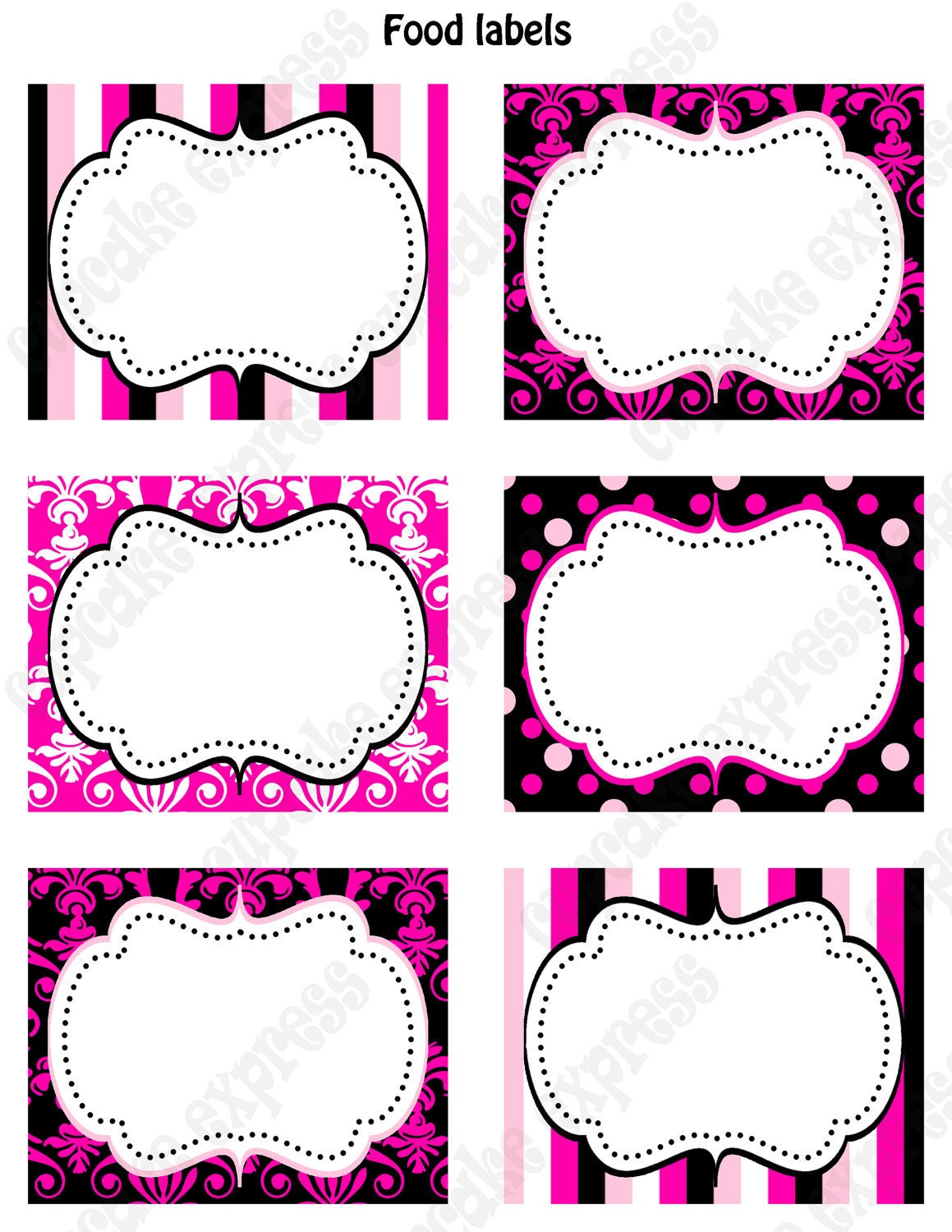 INSTANT DOWNLOAD diy  Barbie Inspired  Birthday Party  PRINTABLE Food Labels favor tags Pink black white  polka dots damask stripes