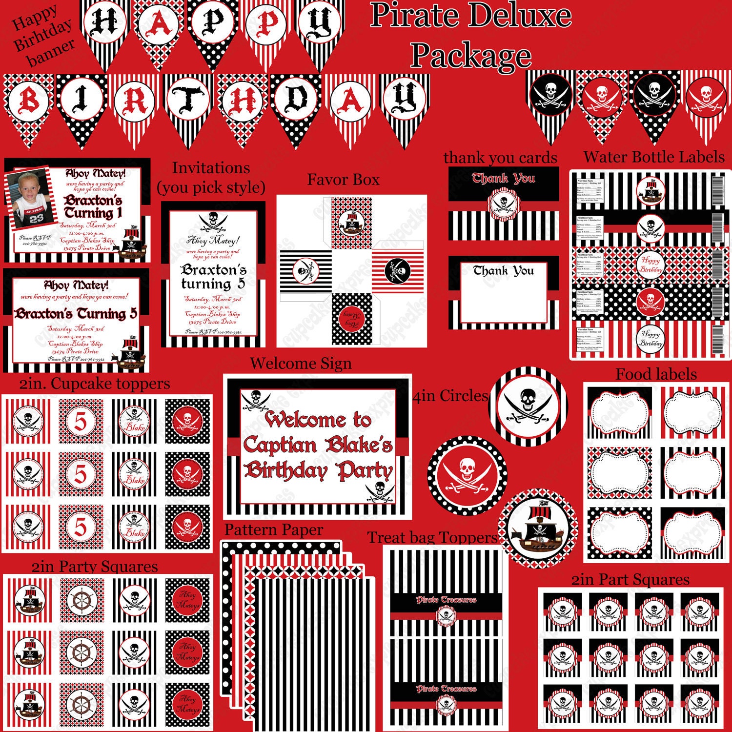 DIY Deluxe PIRATE Birthday Party PRINTABLE Part Package red black white Banner invitation Il_170x135