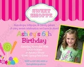 DIY Candy Shoppe Photo Birthday Party  PRINTABLE Invitation 5x7 4x6 pink green yellow blue lollipops gumdrops