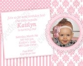 DIY Shabby Chic pink damask  Birthday Party  PRINTABLE Invitation 5x7 pink white photo -Cupcake Express
