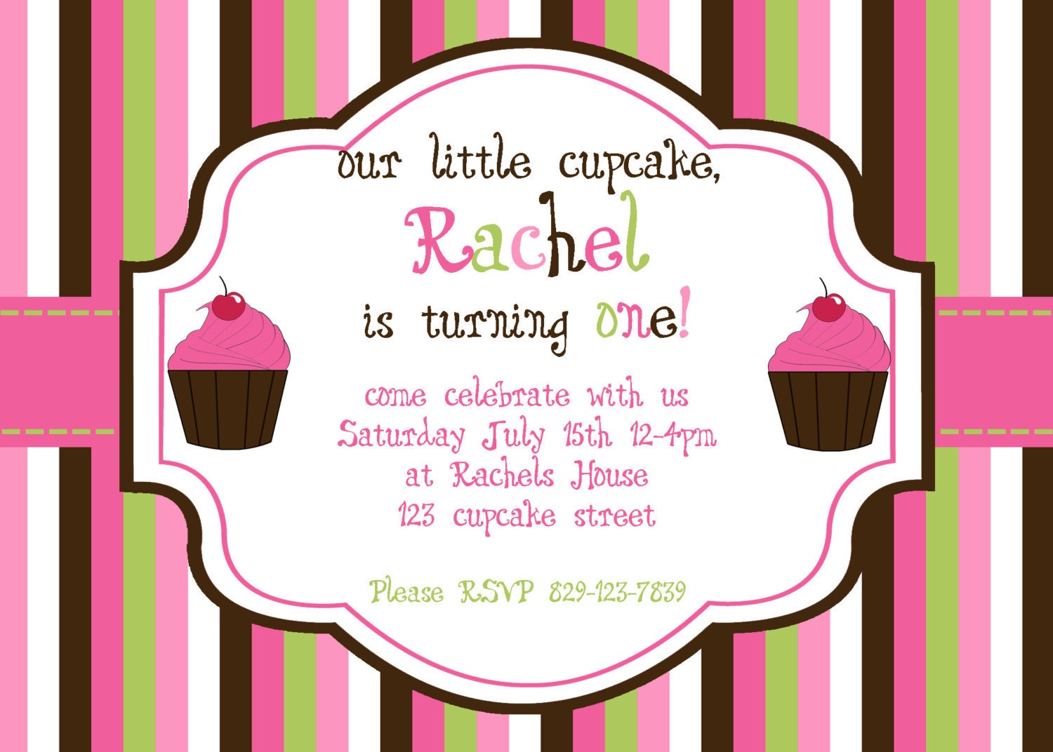 DIY Cupcake Birthday Party PRINTABLE Invitation 2 pink green brown girl first 1st Need them PRINTED just ask Il_570xn