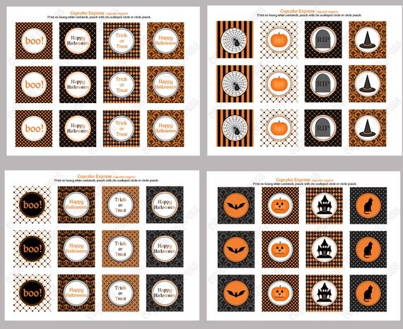 SALE DIY Halloween Elegant Printable Party Circles 2in Cupcake Toppers 16 designs 48 orange black grey Il_570xn