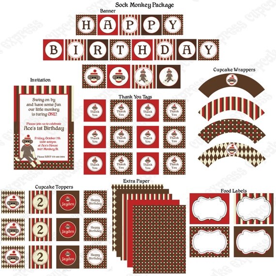 DIY Sock Monkey Birthday Party PRINTABLE Package red brown invitation cupcake toppers Il_570xn