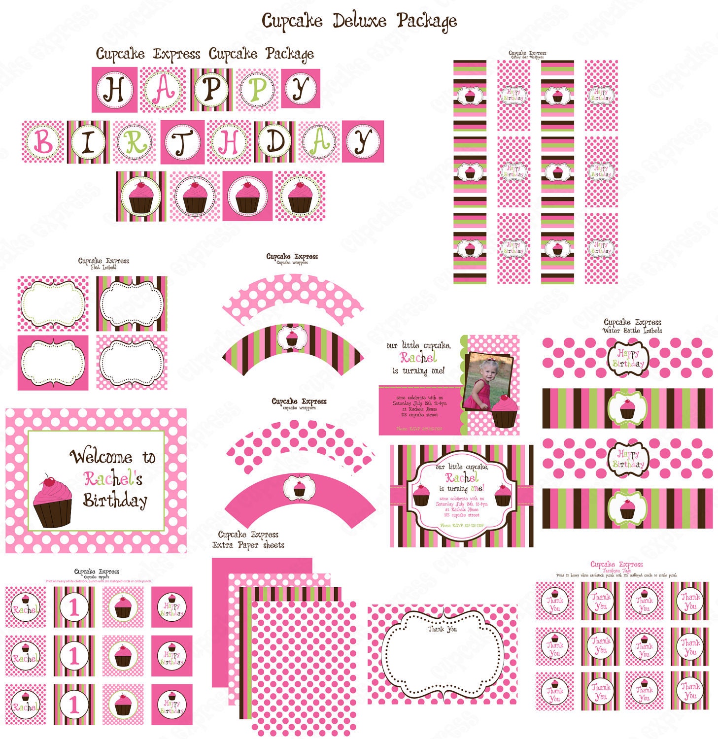 Cupcake Deluxe Birthday Party PRINTABLE Part Package pink brown sign invitation cupcake toppers.... Il_570xn