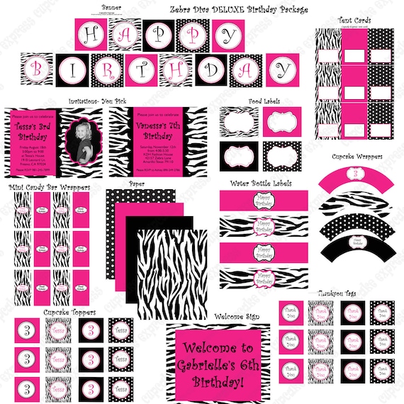 Diva Zebra Deluxe Birthday Collection PRINTABLE Party Hot pInk Black Zebra - Cupcake Express Il_570xn