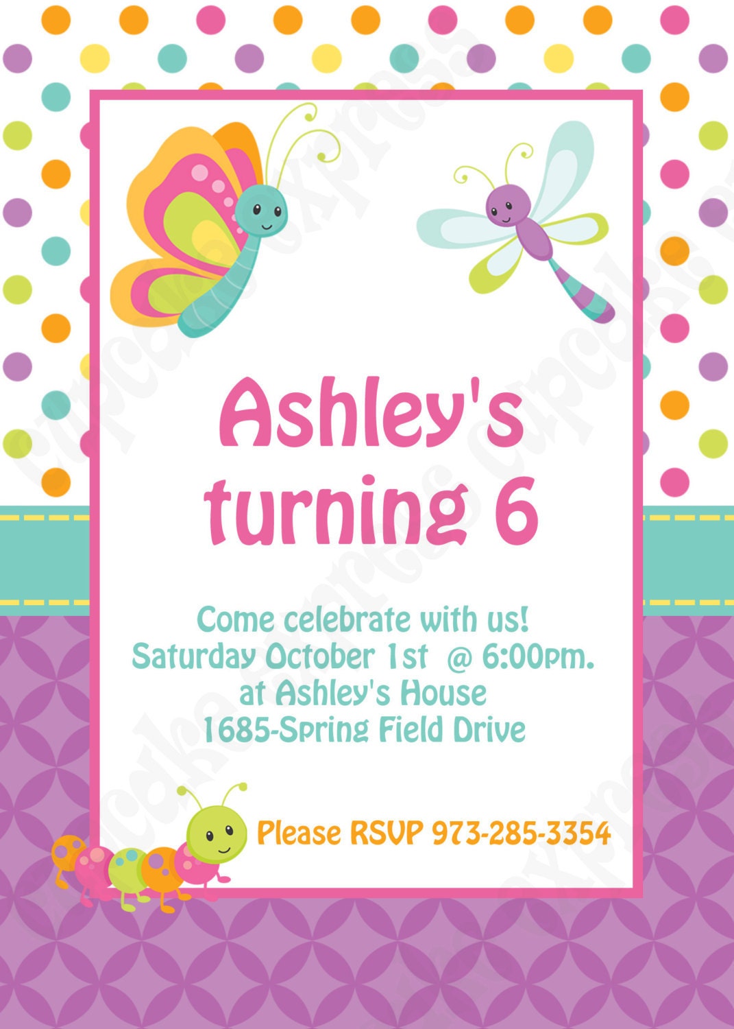 DIY Spring Bugs Birthday Printable Party Invitation pink purple green butterflies lady bugs bees NEED them printed see price chart... Il_570xn