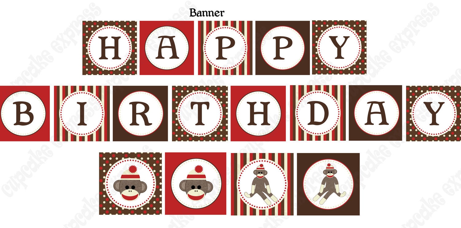 INSTANT DOWNLOAD diy Sock Monkey Birthday Party PRINTABLE Banner Sign red brown door sign happy birthday - Cupcake Express Il_570xn