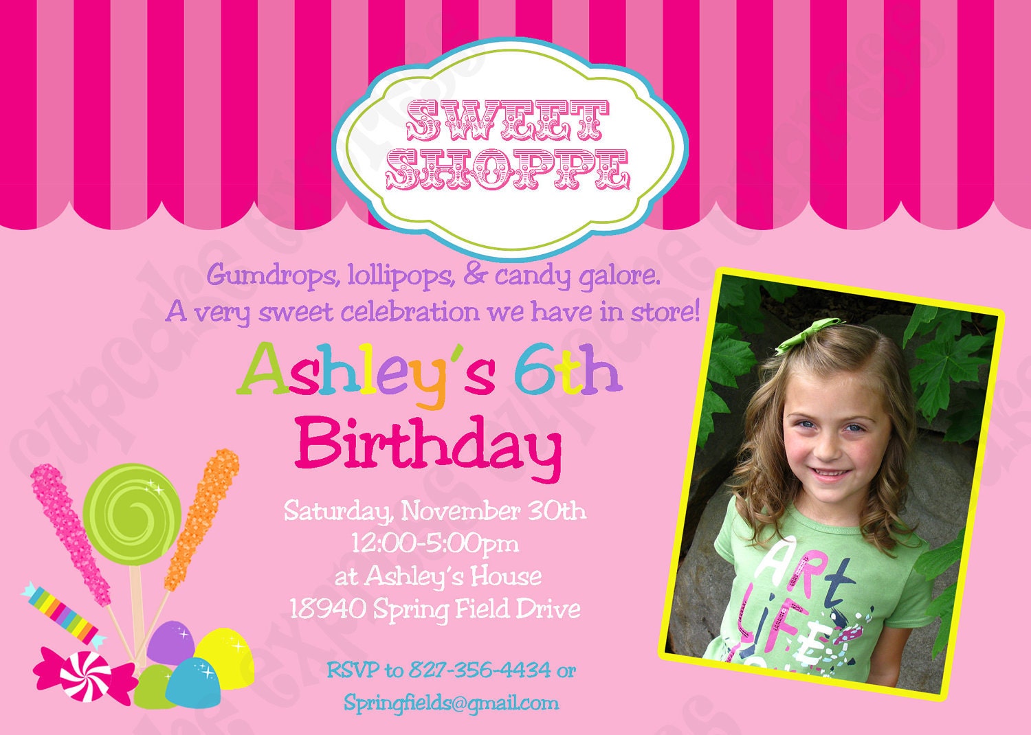 DIY Candy Shoppe Photo Birthday Party PRINTABLE Invitation 5x7 4x6 pink green yellow blue lollipops gumdrops Il_570xn