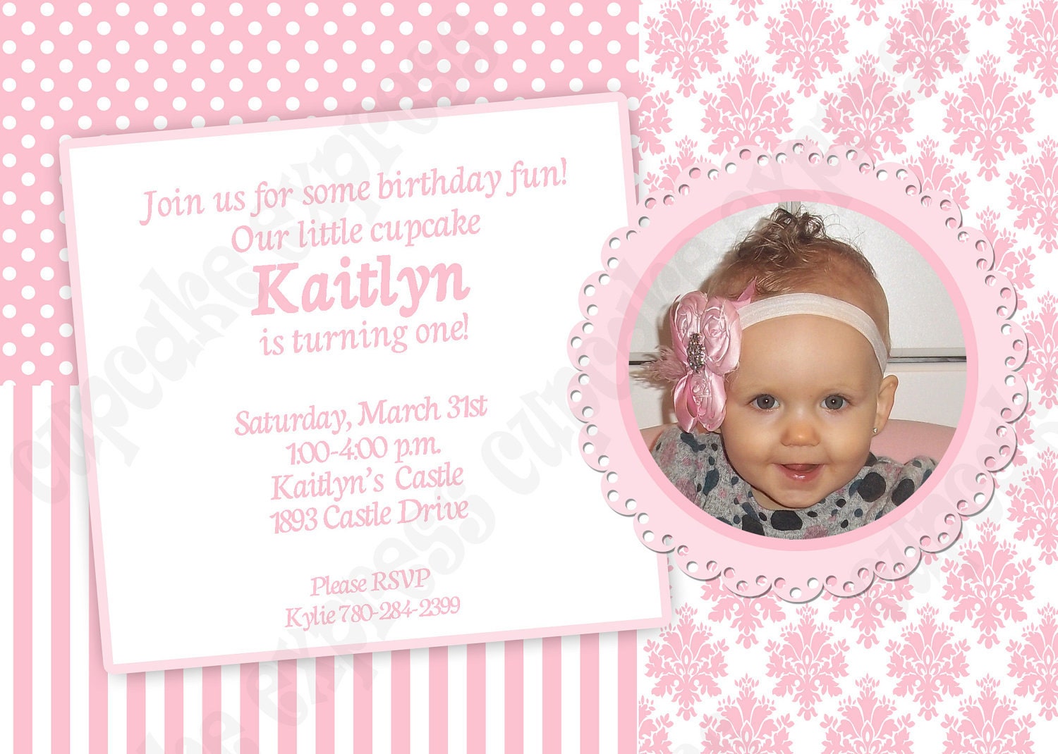 DIY Shabby Chic pink damask Birthday Party PRINTABLE Invitation 5x7 pink white photo -Cupcake Express Il_570xn