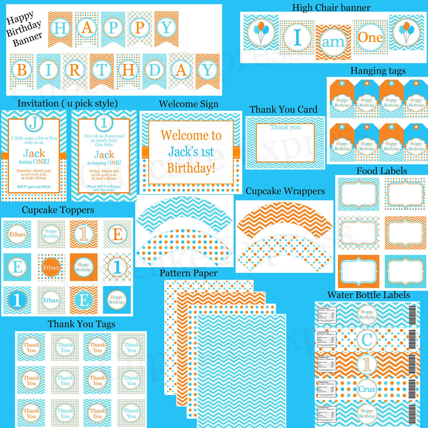 DIY Deluxe Orange & Aqua Blue Birthday Party PRINTABLE Part Package Chevron polka dots Il_570xn