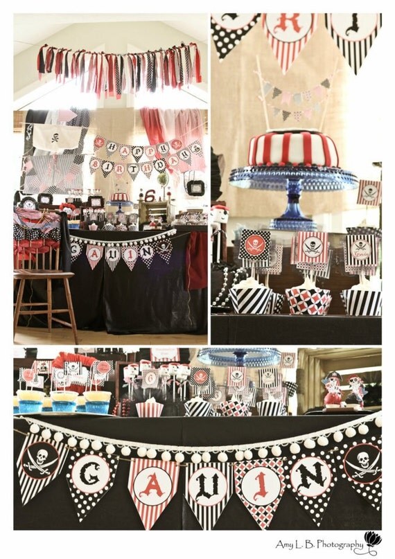 DIY Small PIRATE Birthday Party PRINTABLE Package red black white Banner invitation cupcake toppers Il_570xn