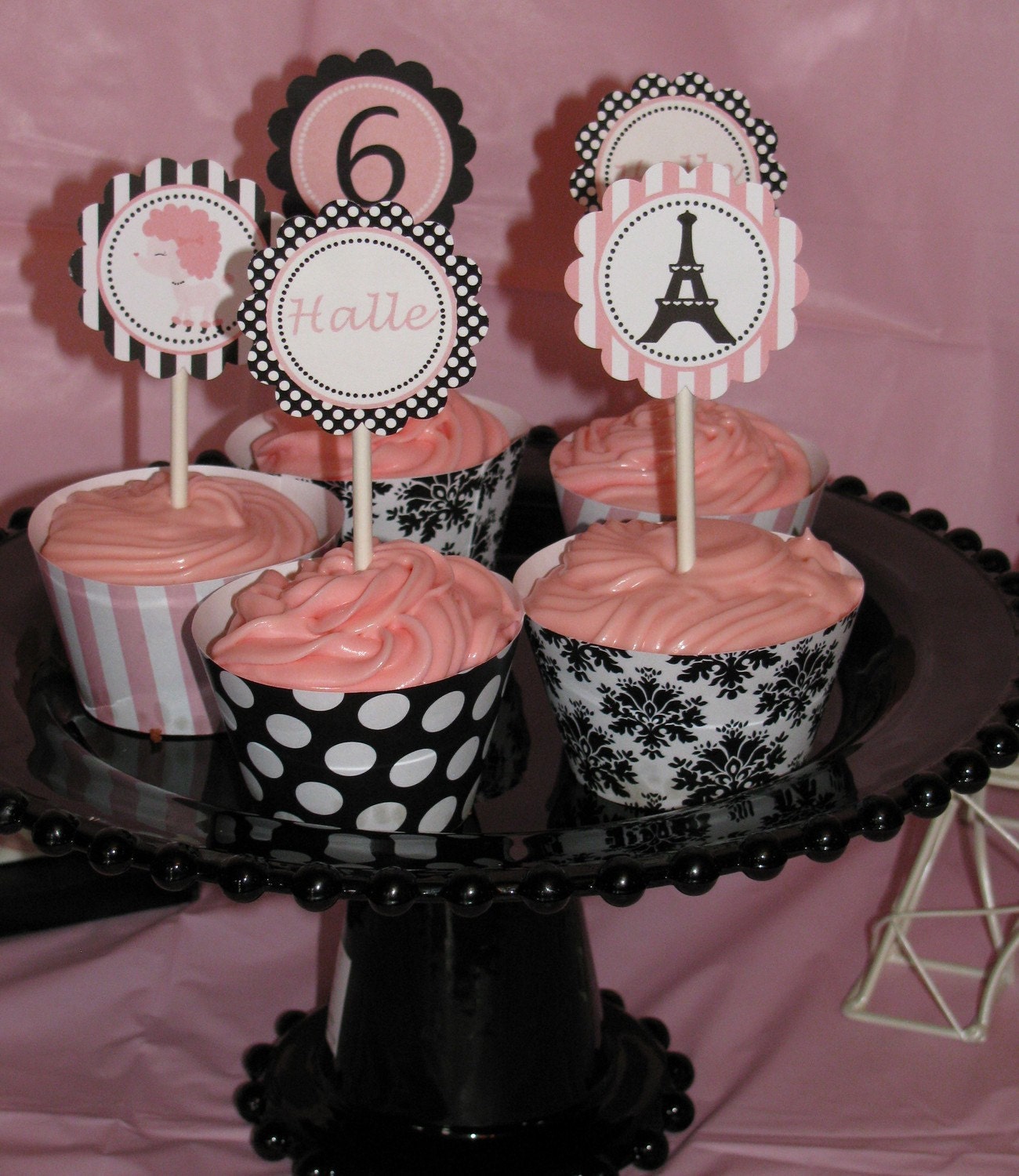 INSTANT DOWNLOAD diy Paris Birthday Party Collection PRINTABLE Cupcake Wrappers pink black damask stripes polka dots