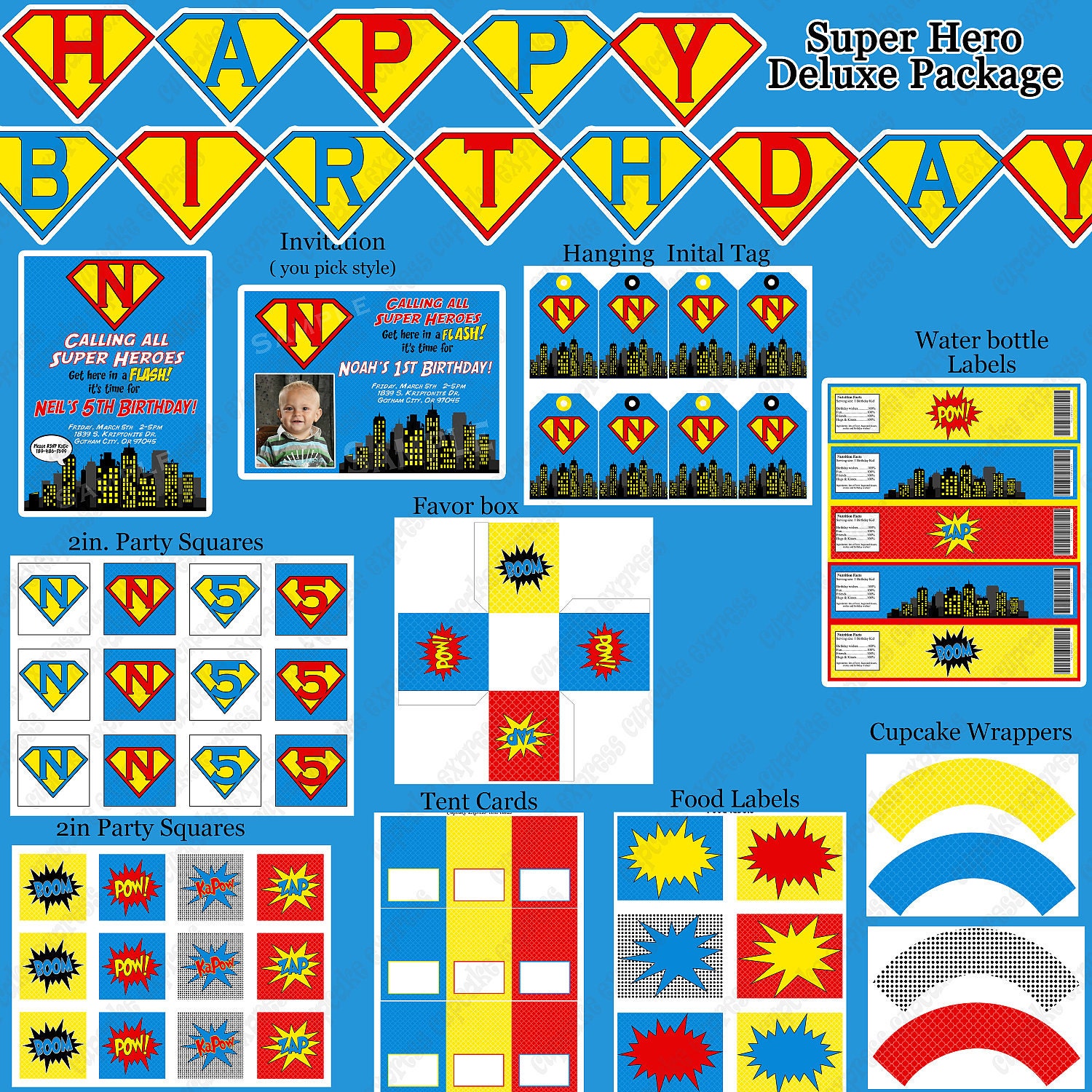 INSTANT DOWNLOAD diy Super Hero Birthday Printable Party Cupcake Toppers Tags blue red yellow pow boom zap