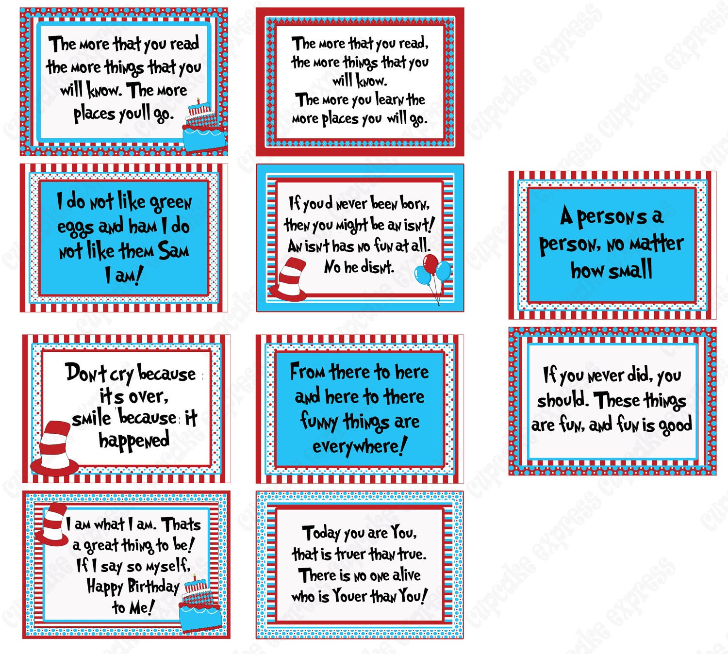 INSTANT DOWNLOAD diy 20 Dr. Seuss Inspired Quote Signs PRINTABLE Birthday party Red Blue pictures - Cupcake Express
