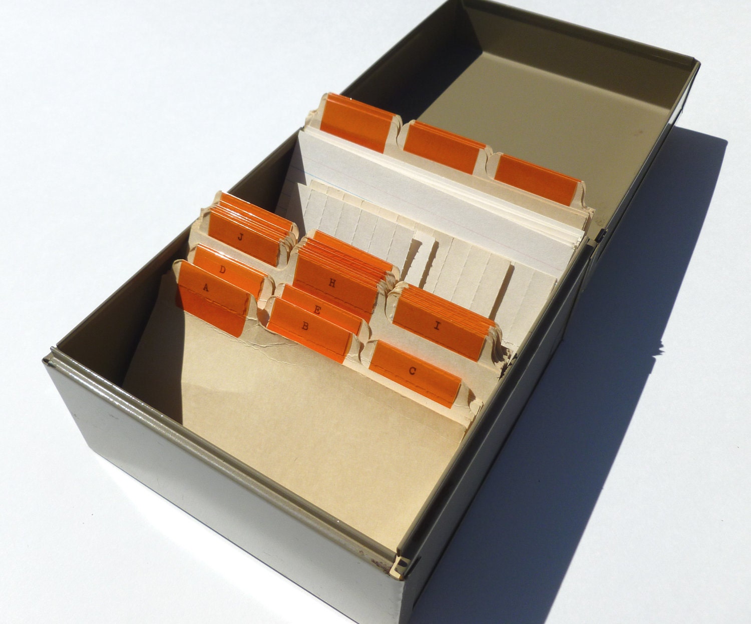 Metal File Box with Index Card Alphabet Tab Dividers in Orange and Steel Gray School, Industrial Office, Storage and Organization