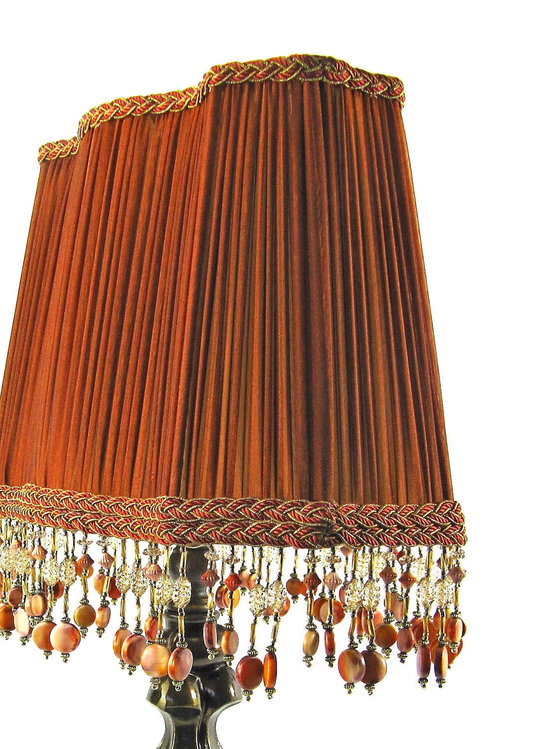 Table Lampshade Custom Handmade Design Pleated Burnt Orange with Beaded Fringe
