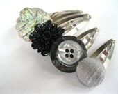 Hair Snap Clips : Funky Hair Clips - Silver and Black Mix of Snap Clips - Flowers and Buttons Set of Four