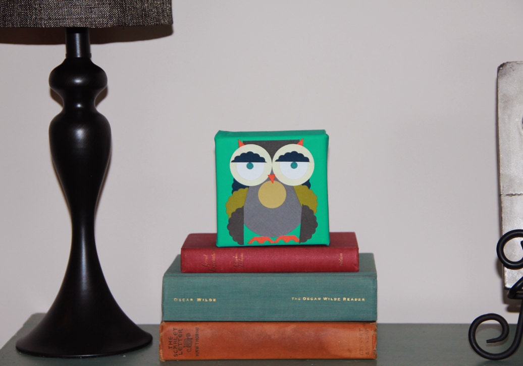 OWL Handmade ART 40pc Paper Collage Mixed Media on TURQUOISE Canvas 4 x 4 Original Acrylic Painting Owls Hoot
