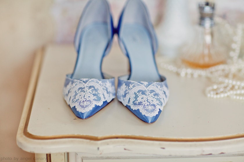Something Blue satin wedding shoes d'orsay with vintage lace on toe and heel